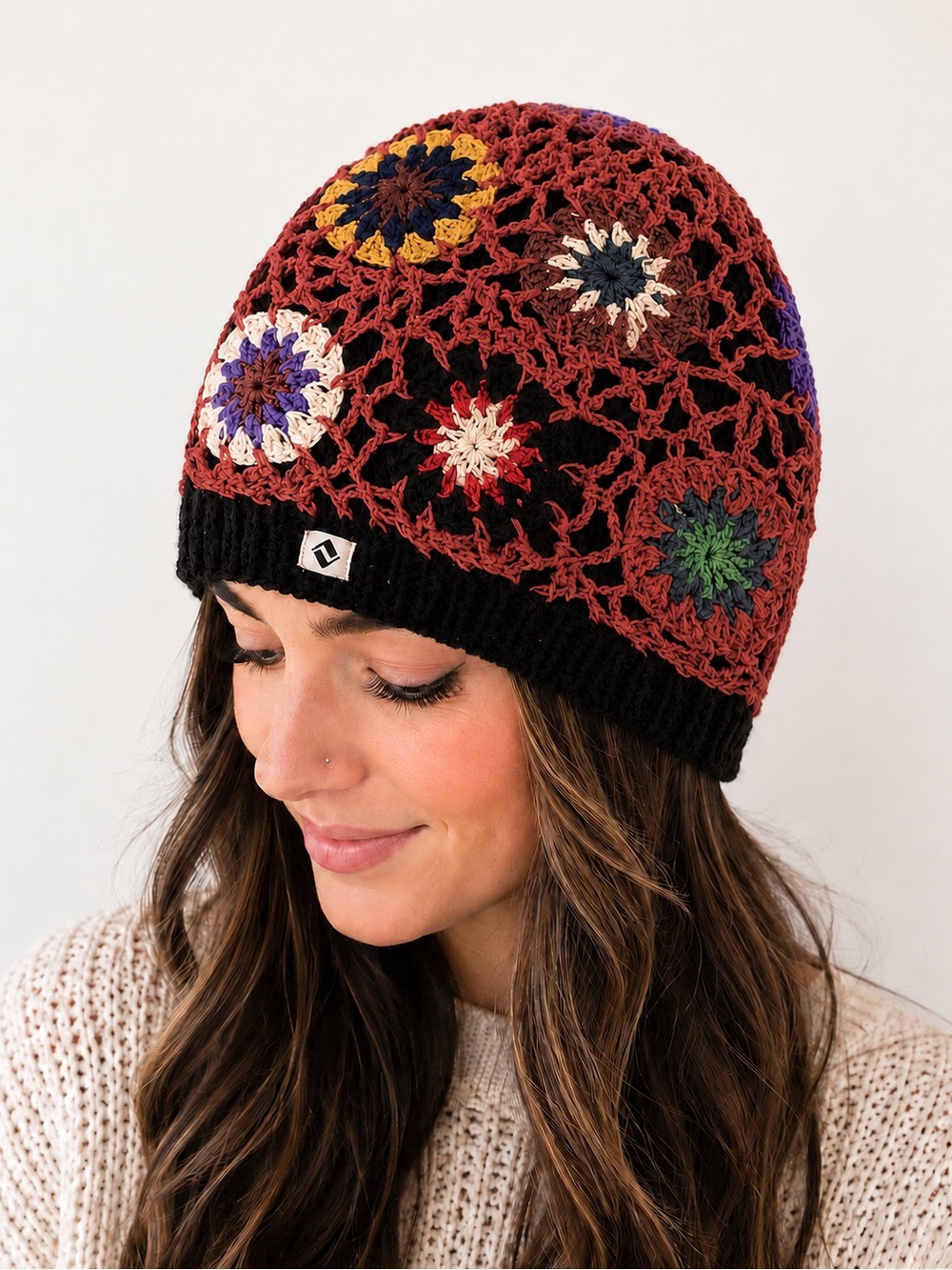 Boho Crochet Granny Winter Hat NWT
